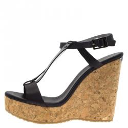 Pre Owned Jimmy Choo Black Leather Native Cork Wedge Sandals Size 38.5