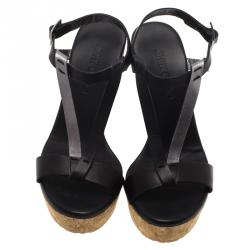 Pre Owned Jimmy Choo Black Leather Native Cork Wedge Sandals Size 38.5