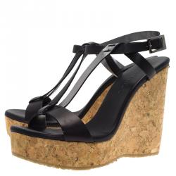 Pre Owned Jimmy Choo Black Leather Native Cork Wedge Sandals Size 38.5