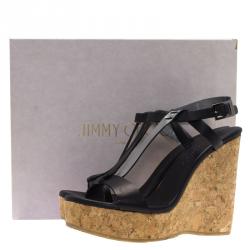 Pre Owned Jimmy Choo Black Leather Native Cork Wedge Sandals Size 38.5