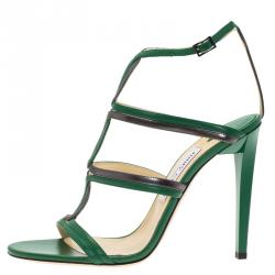 Pre Owned Jimmy Choo Green and Grey Leather Moray Ankle Strap Sandals Size 40