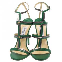 Pre Owned Jimmy Choo Green and Grey Leather Moray Ankle Strap Sandals Size 40