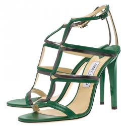 Pre Owned Jimmy Choo Green and Grey Leather Moray Ankle Strap Sandals Size 40