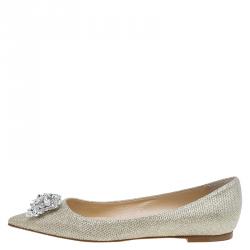 Pre Owned Jimmy Choo Gold Lamé Crystal Embellished Gayne Ballet Flats Size 38.5
