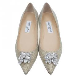 Pre Owned Jimmy Choo Gold Lamé Crystal Embellished Gayne Ballet Flats Size 38.5