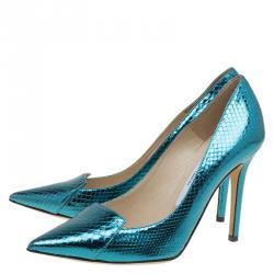Pre Owned حذاء كعب عالي جيمي تشو أفريل جلد ثعبان البحر أزرق ميتاليك مقاس 35.5