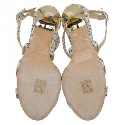 مملوكة مسبقًا صندل جيمي تشو لوتي بسيور جلد كريمي نقشة الثعبان مقاس 41