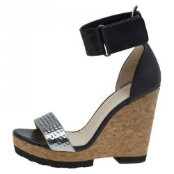 Pre Owned Jimmy Choo Black And Metallic Silver Leather Neston Ankle Strap Wedge Sandals Size 41