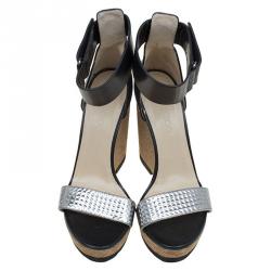 Pre Owned Jimmy Choo Black And Metallic Silver Leather Neston Ankle Strap Wedge Sandals Size 41