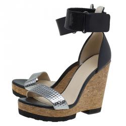 Pre Owned Jimmy Choo Black And Metallic Silver Leather Neston Ankle Strap Wedge Sandals Size 41