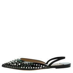Pre Owned Jimmy Choo Black Embellished Leather Genoa Pointed Toe Slingback Flat Sandals Size 39.5