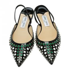 Pre Owned Jimmy Choo Black Embellished Leather Genoa Pointed Toe Slingback Flat Sandals Size 39.5