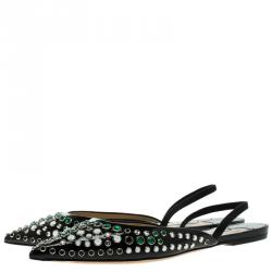 Pre Owned Jimmy Choo Black Embellished Leather Genoa Pointed Toe Slingback Flat Sandals Size 39.5