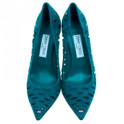 Pre Owned حذاء كعب عالي جيمي تشو تلكا سويدي أزرق مخضر مفرغ مقاس 40