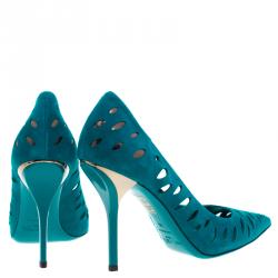 Pre Owned حذاء كعب عالي جيمي تشو تلكا سويدي أزرق مخضر مفرغ مقاس 40