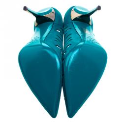 Pre Owned حذاء كعب عالي جيمي تشو تلكا سويدي أزرق مخضر مفرغ مقاس 40