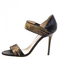 Pre Owned Jimmy Choo Black Satin and Python Tallow Gold Sequined Sandals Size 41