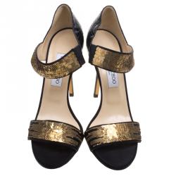 Pre Owned Jimmy Choo Black Satin and Python Tallow Gold Sequined Sandals Size 41