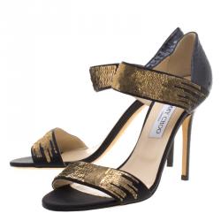 Pre Owned Jimmy Choo Black Satin and Python Tallow Gold Sequined Sandals Size 41