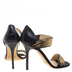 Pre Owned Jimmy Choo Black Satin and Python Tallow Gold Sequined Sandals Size 41
