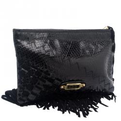 مملوكة مسبقًا Jimmy Choo Black Python Fringe Tita Convertible Clutch
