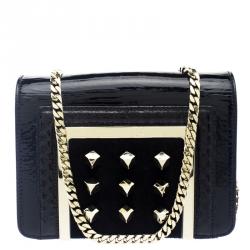 Pre Owned Jimmy Choo Black Patent Crinkled Leather Python Trim Cube Stud Shoulder Bag