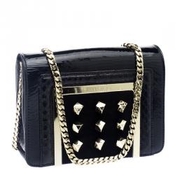 Pre Owned Jimmy Choo Black Patent Crinkled Leather Python Trim Cube Stud Shoulder Bag