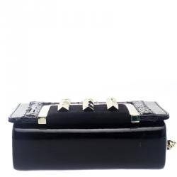 Pre Owned Jimmy Choo Black Patent Crinkled Leather Python Trim Cube Stud Shoulder Bag