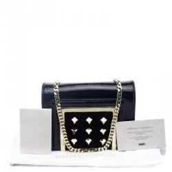 Pre Owned Jimmy Choo Black Patent Crinkled Leather Python Trim Cube Stud Shoulder Bag