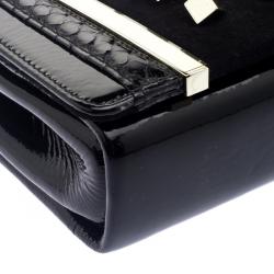 Pre Owned Jimmy Choo Black Patent Crinkled Leather Python Trim Cube Stud Shoulder Bag