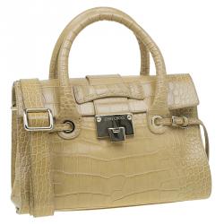 Pre Owned Jimmy Choo Beige Croc Embossed Leather Small Rosalie Top Handle Bag