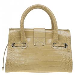 Pre Owned Jimmy Choo Beige Croc Embossed Leather Small Rosalie Top Handle Bag