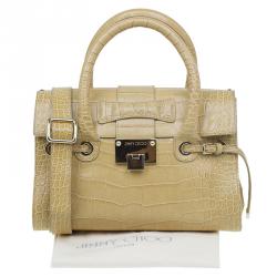 Pre Owned Jimmy Choo Beige Croc Embossed Leather Small Rosalie Top Handle Bag