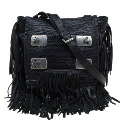 Pre Owned Jimmy Choo Black Grain Leather and Python Adele Fringe Crossbody Bag