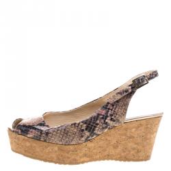 مملوكة مسبقًا Jimmy Choo Embossed Python Praise Slingback Wedge Sandals Size 38.5