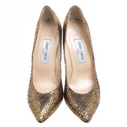 مملوكة مسبقًا Jimmy Choo Bronze Metallic Python Leather Anouk Pointed Toe Pumps Size 40