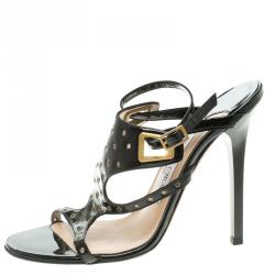 Pre Owned Jimmy Choo Black Eyelet Embellished Patent Leather Proud Strappy Sandals Size 35.5