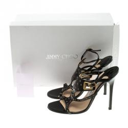 Pre Owned Jimmy Choo Black Eyelet Embellished Patent Leather Proud Strappy Sandals Size 35.5