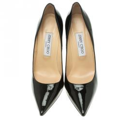 مملوكة مسبقًا حذاء كعب عالي جيمي تشو آنوك جلد أسود لامع مقدمة مدببة مقاس 38