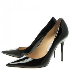 مملوكة مسبقًا حذاء كعب عالي جيمي تشو آنوك جلد أسود لامع مقدمة مدببة مقاس 38