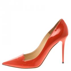 Pre Owned Jimmy Choo Orange Patent Leather Avril Pointed Toe Pumps Size 39