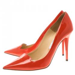 Pre Owned Jimmy Choo Orange Patent Leather Avril Pointed Toe Pumps Size 39