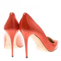 Pre Owned Jimmy Choo Orange Patent Leather Avril Pointed Toe Pumps Size 39