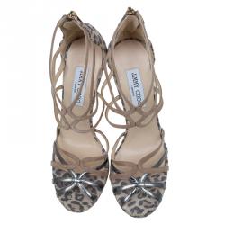 Pre Owned Jimmy Choo Metallic Beige and Leopard Suede Florida Sandals Size 40