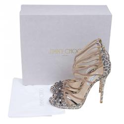 Pre Owned Jimmy Choo Metallic Beige and Leopard Suede Florida Sandals Size 40