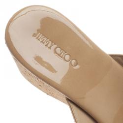 مملوكة مسبقًا Jimmy Choo Beige Patent Leather Pathos Thong Cork Wedge Slides 41