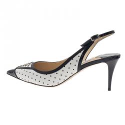 Pre Owned صندل جيمي تشو دوت ش بحزام خلفي جلد مرصع أسود وأبيض مقاس 38