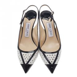 Pre Owned صندل جيمي تشو دوتش بحزام خلفي جلد مرصع أسود وأبيض مقاس 38