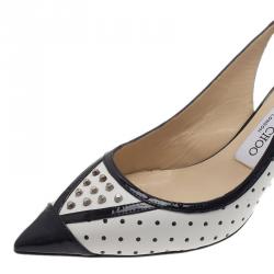 Pre Owned صندل جيمي تشو دوتش بحزام خلفي جلد مرصع أسود وأبيض مقاس 38