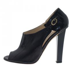 مملوكة مسبقًا Jimmy Choo Black Leather Peep Toe Ankle Booties Size 37.5